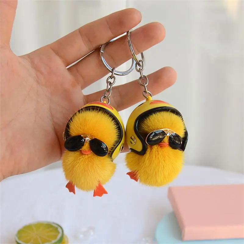 Cute Hard Hat Yellow Duck Real Mink Fur Keychain Trinket Women Bag Charms Little Chick Toy Car Keyring Ornaments Classic Gift |
