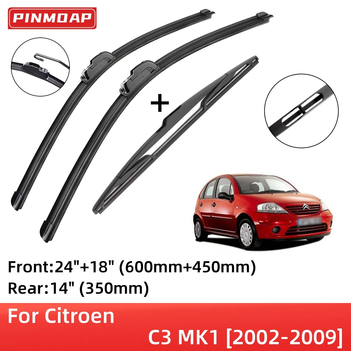 

For Citroen C3 MK1 2002-2009 Front Rear Wiper Blades Brushes Cutter Accessories J Hook 2002 2003 2004 2005 2006 2007 2008 2009