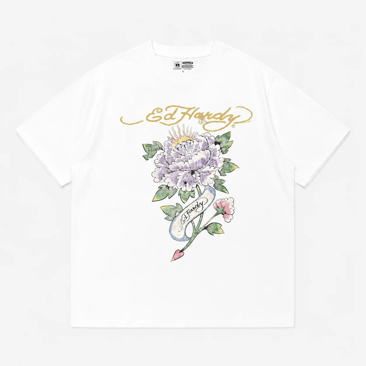 Ed Hardy Lila Pfingstrosenblüten-Herz-Pfeil-Banner-Print T-Shirt Unisex Locker Geschnitten Übergroß Harajuku Streetwear Baumwolle Sommer Grafik