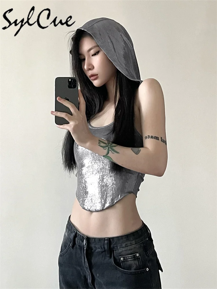 Nibber Silber Retro Matte Cyberpunk Modische High Street Sexy Reife Selbstbewusst Cool Einfache Damen Sommer Dünne Kapuzenweste – Detail 8