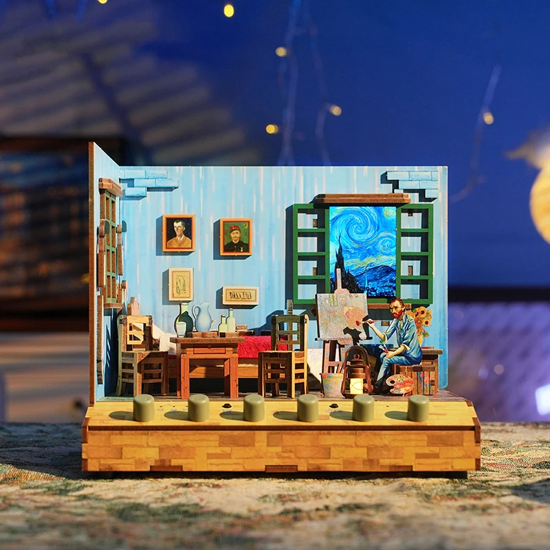 DIY Wooden Doll Houses Van Gogh's Bedroom Casa Miniature Building Kits with Furniture USB Power Dollhouse for Adults Gifts 2
