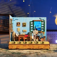 DIY Wooden Doll Houses Van Gogh's Bedroom Casa Miniature Building Kits with Furniture USB Power Dollhouse for Adults Gifts 2