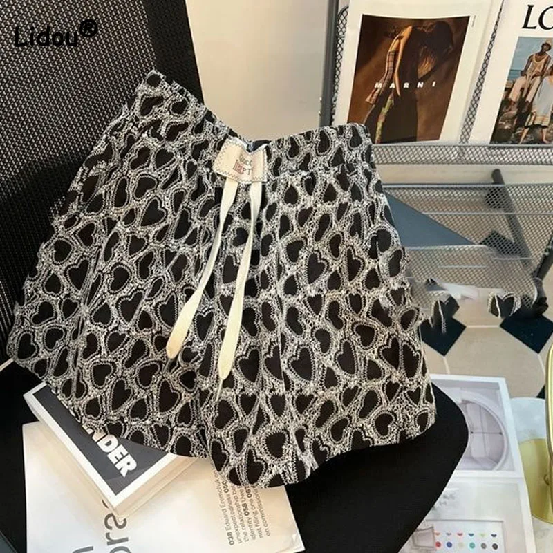 Korean Fashionable Female Printing Drawstring Shorts 2023 Casual All-match Wide Leg High Waist Shorts Summer Women's Clothing