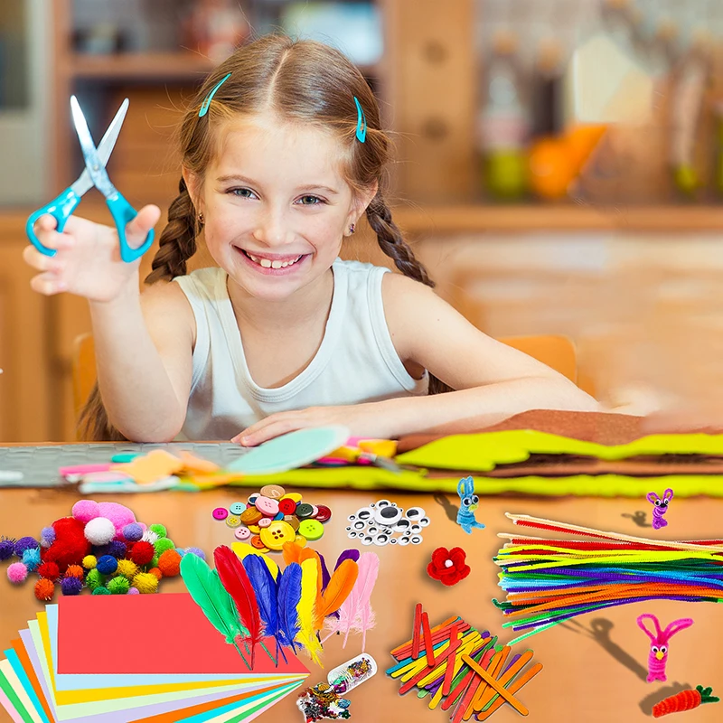 DIY Art Craft Kit for Kids Pompoms Pipe Feather Foam Flowers Letters Crystal Sticker Wiggle Googly Eyes Handmade Material Kits