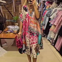 Summer Leopard Printed Party Dresses 2024 Women Casual V Neck Short Sleeve Long Pullover Dress Beach Holiday Dress For Women