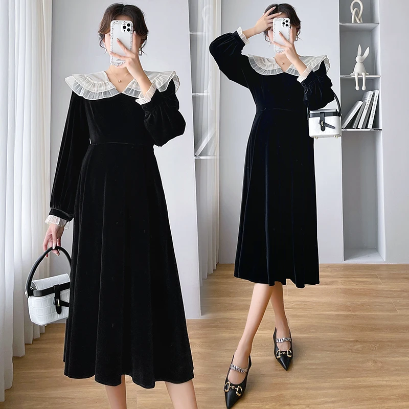 

8279# Autumn Winter Korean Fashion Maternity Long Dress Ruffle Lace O neck A Line Slim Clothes for Pregnant Women Pregnancy Ins