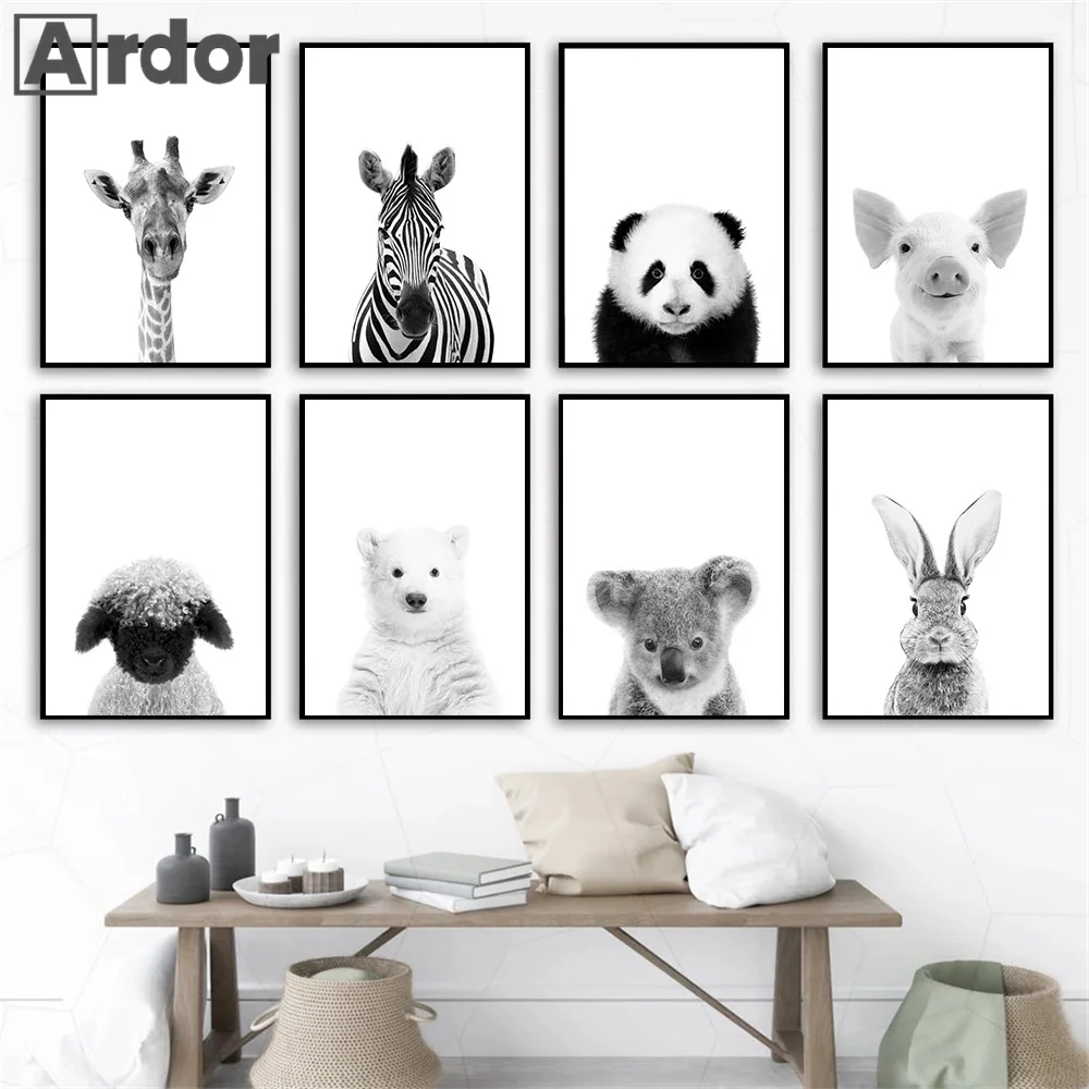 

Black White Elephant Zebra Giraffe Panda Polar Bear Animal Wall Art Canvas Painting Nordic Poster And Print Baby Kids Room Decor