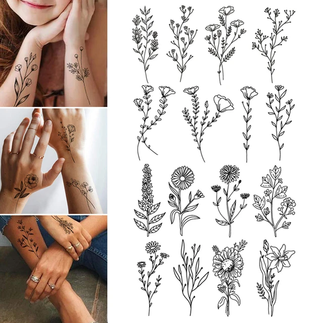 1 hoja de tatuajes temporales de flores negras de rama diminuta para  mujeres, hombres y niñas, tatuajes falsos de plantas salvajes, Kit de  pegatinas para manos y cara de adultos - AliExpress