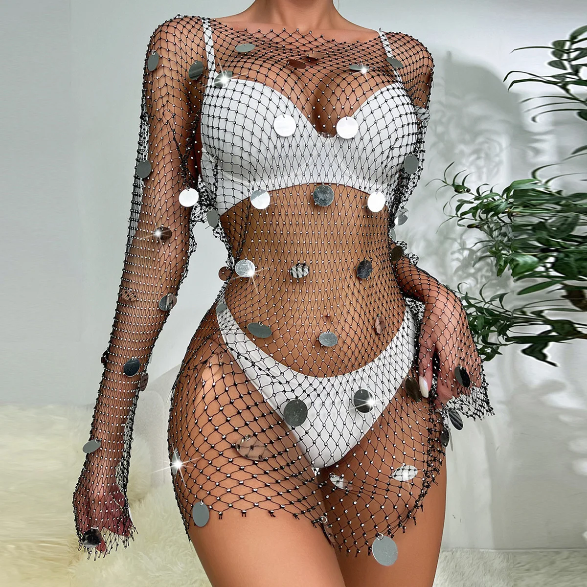 

2023 European Fishnet Hollow Rhinestone Sexy Dress for Women Sequined Long Sleeve A-line Sheer Mesh Bodycon Night Club Vestidos