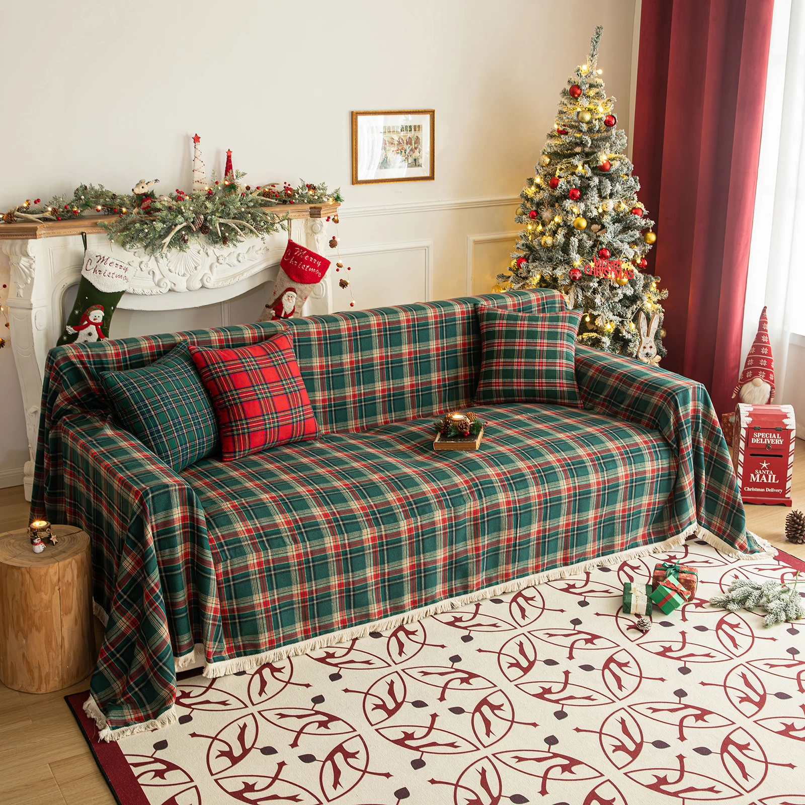 Christmas Plaid Couch Cover with Tassel Washable Sofa Covers Couch Furniture Protector Seat Slipcover Sofa Towel for Living Room 2
