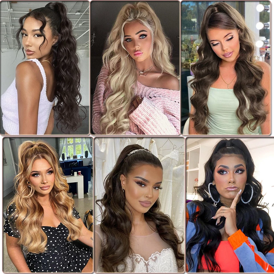 I's a wig Synthetic Drawstring Ponytail Long Body Wave Black Ponytail Clip in Hair Extensions for Women Blonde Brown Red