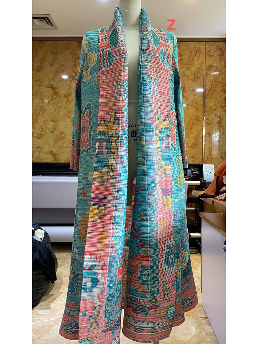 Miyake Pleated Vintage Printed Turn-down Collar Long Sleeve Long Jacket Women Designer Abaya New Dubai Fashion Plus Size Coats 5