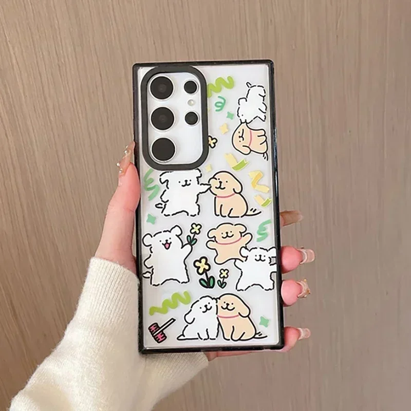 Cute Dog Friend Acrylic Black Border Protective Case for Samsung Galaxy S24 S23 S22 Ultra S24+ S23+ S22 Plus Shell