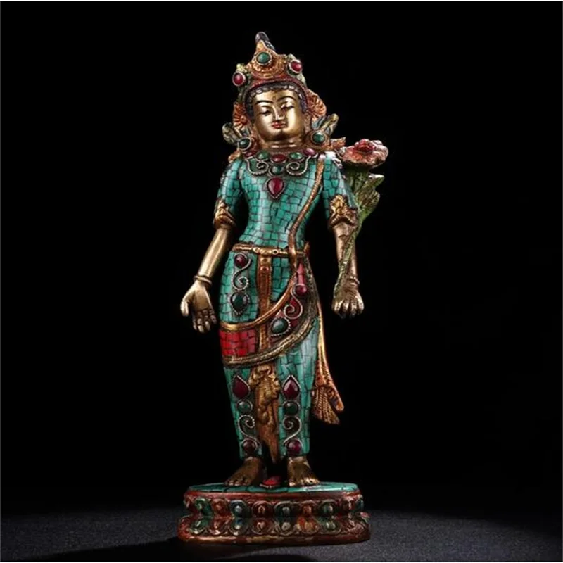 

Antique collection of pure copper inlaid gemstones painted gold Tara Buddha home decoration