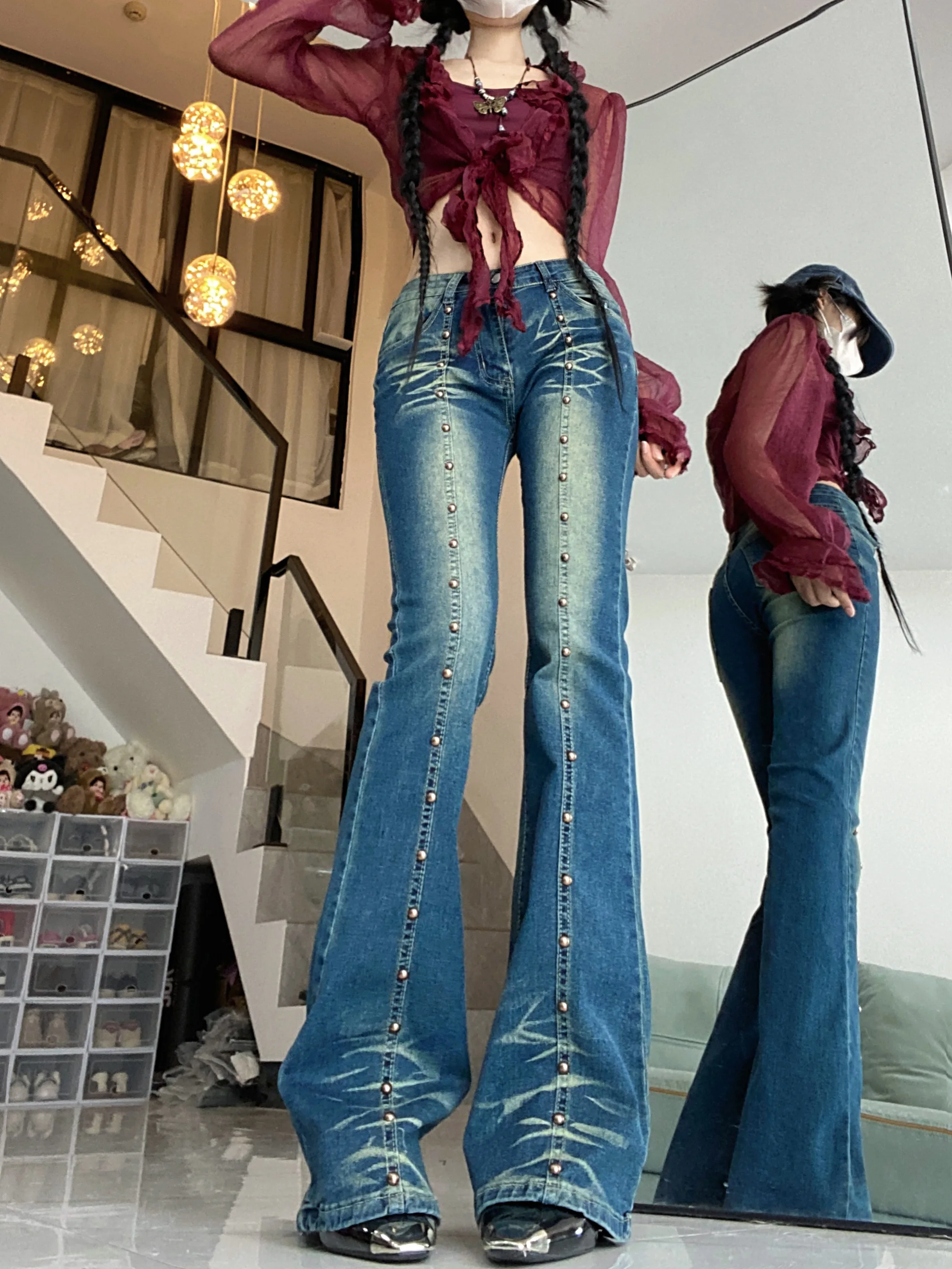 

Vintage Distressed Rivets Flare Jeans For Women Lady Summer Autumn Streetwear Chic High Waist Skinny Full Length Boot Cut Jeans