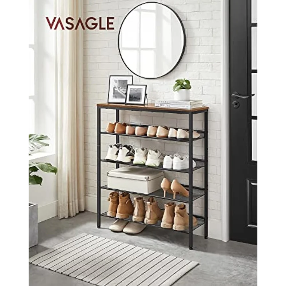 VASAGLE Shoe Rack 5 Tier, Narrow Shoe Organizer for Closet Entryway, with 4  Fabric Shelves and Top for Bags, Shoe Shelf, Steel Frame, Industrial,  Rustic Brown and Black ULBS036B01