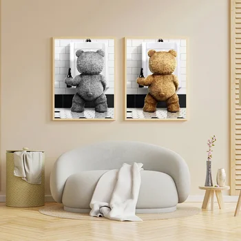 Bagno Wall Art Decor Funny Pee Bear Canvas Painting divertente animale In bianco e nero In Toilet Poster Home Room Toilet Picture 1