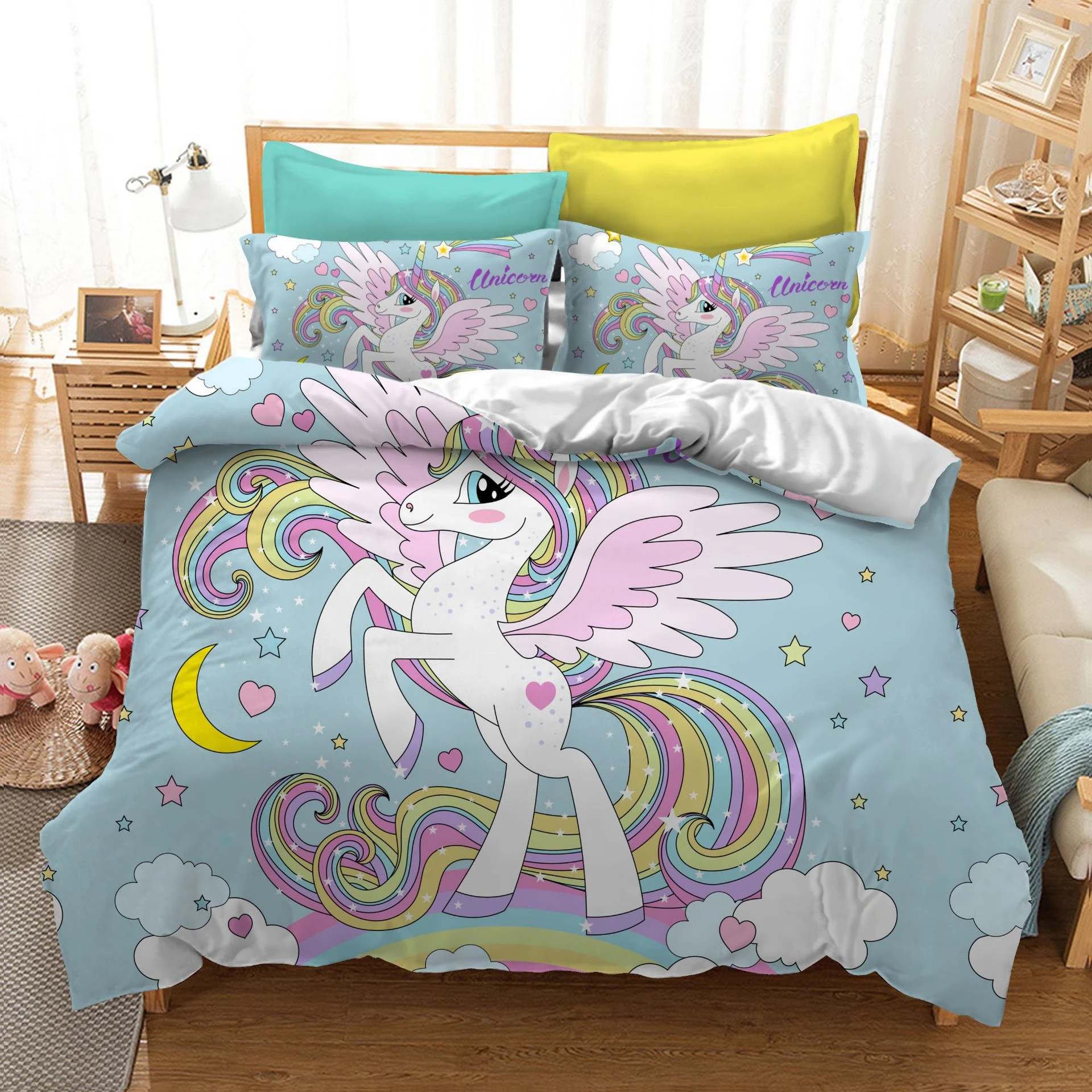 Ropa de cama de unicornio arcoíris, bonita funda de edredón, fundas de almohada, juegos de edredón de dibujos animados para niñas, 140x210, juego cama doble individual 7|Juegos de ropa de cama| -