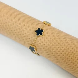 Clover Women's Double-Sided Flower Charm Bracelet - Stainless Steel Fashion Jewelry Gift (Black bracelet)