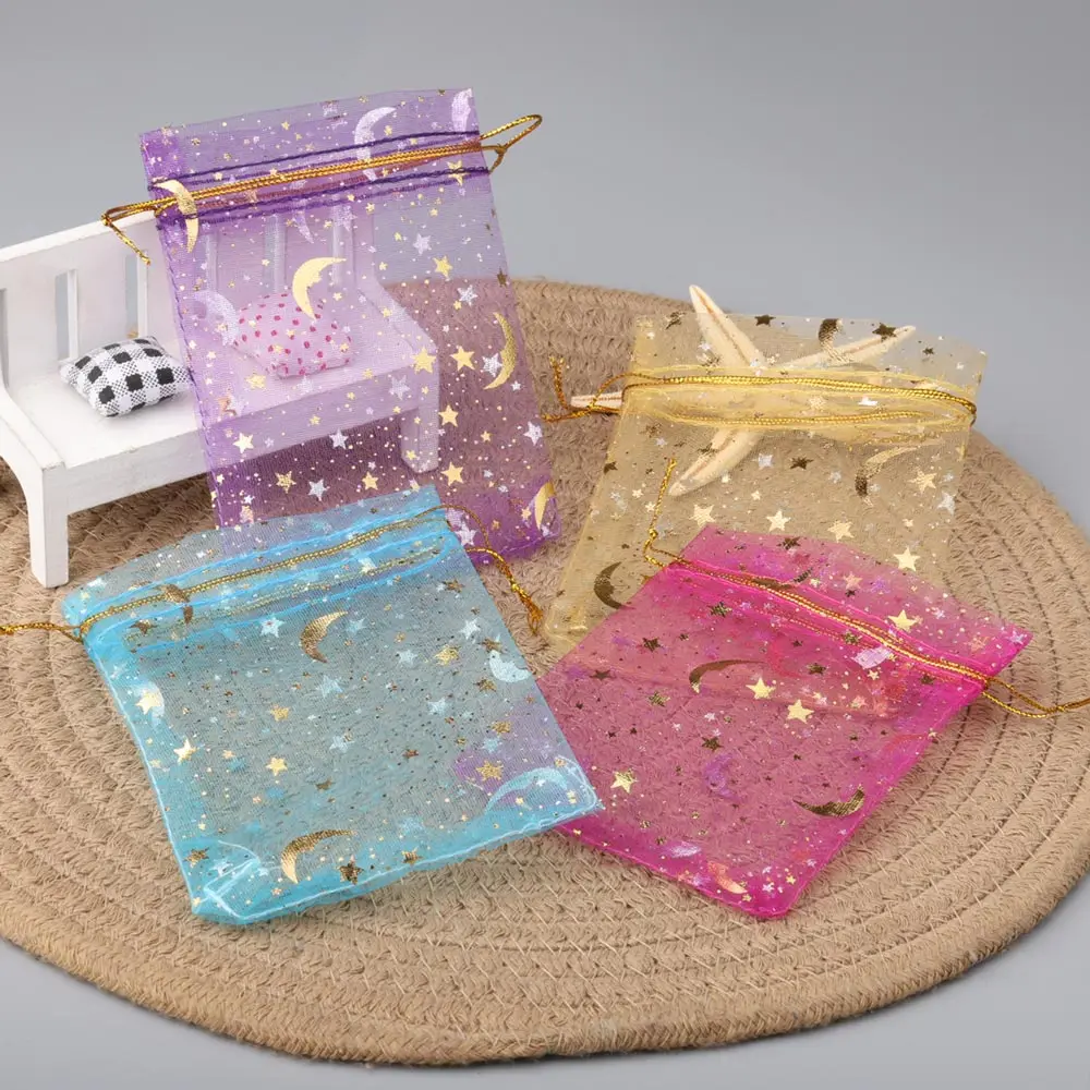 50pcs 9x12cm 스타 문 크리스마스 Organza 선물 가방 매력 보석 포장 Drawstring 가방 & 파우치 도매