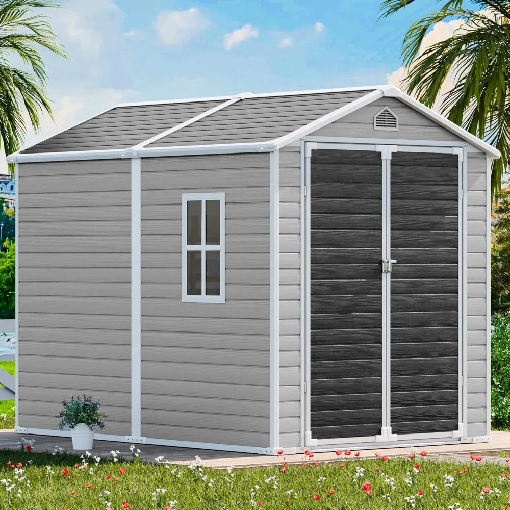 Description Picture 2 of item8x6 Feet Resin Storage Shed, Waterproof Outdoor Shed with Floor & Lockable Door & Window & Vents, Plastic Tool Shed for Backyard