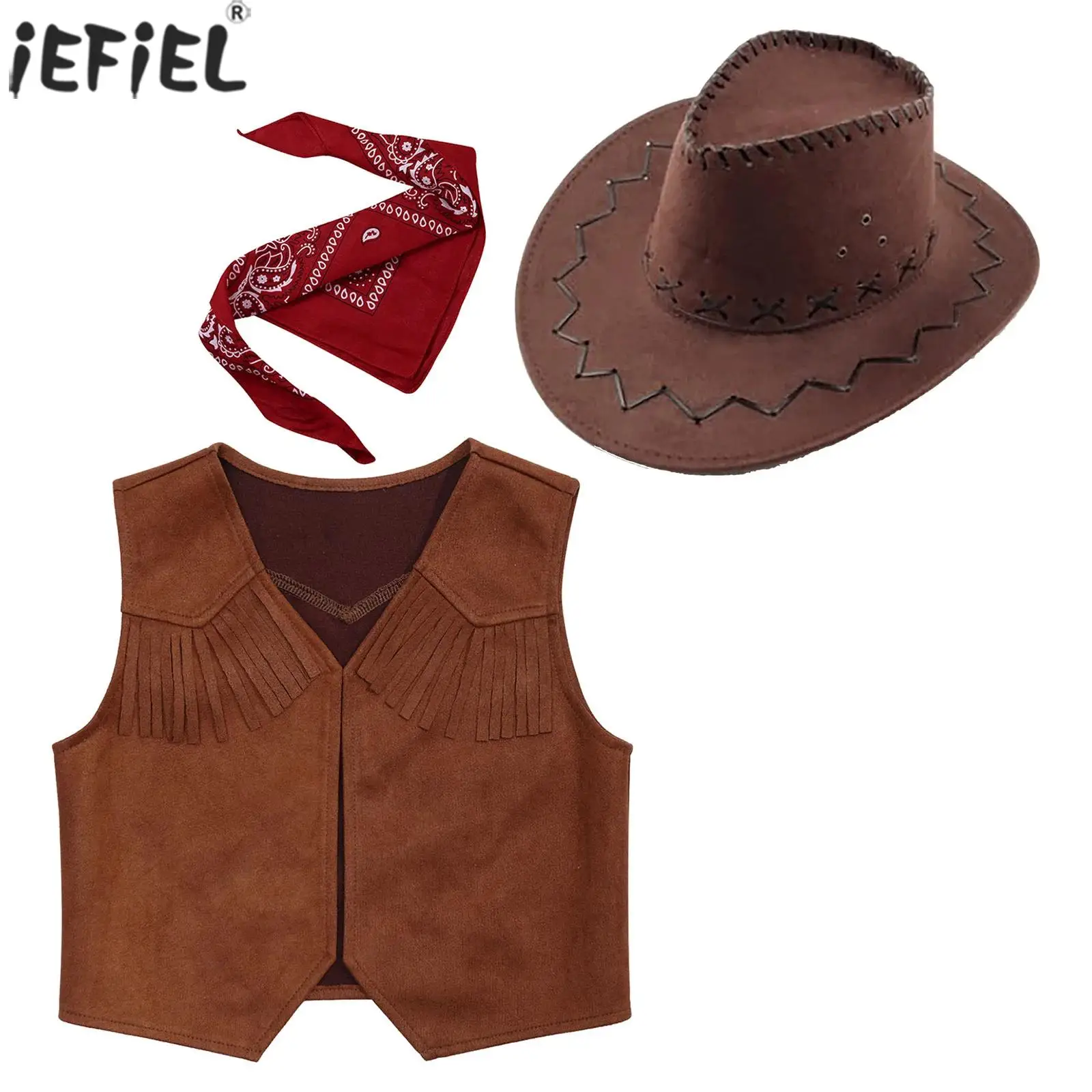 

Kids Western Cowboy Costume Halloween Carnival Party Wild West Cowgirl Cosplay Dress Up Sleeveless Fringe Vest with Bandanna Hat