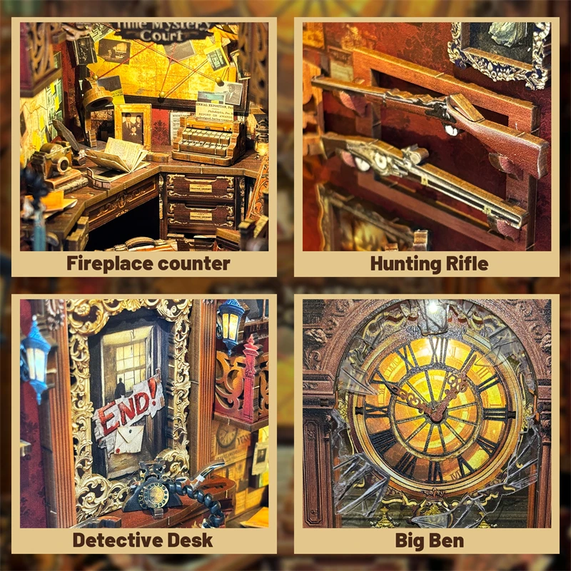 DIY Wooden Bell's Mystery Book Nook Shelf Insert Miniature Model Kits Bookshelf with Light Bookend for Friends Birthday Gifts 3