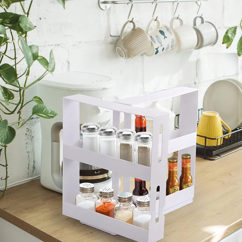1pc Plastic Storage Rack 2-Tier Rotating Spice Organizer, Multi-Functional Cabinet Holder for Medicines Hardware Essential Oils