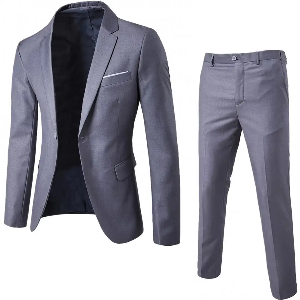Wedding Set Vintage Men Solid Color Long Sleeve Lapel Slim Button Business Suit Men's Suit Groomsmen Regular Fit 2 Peice Set mens suit