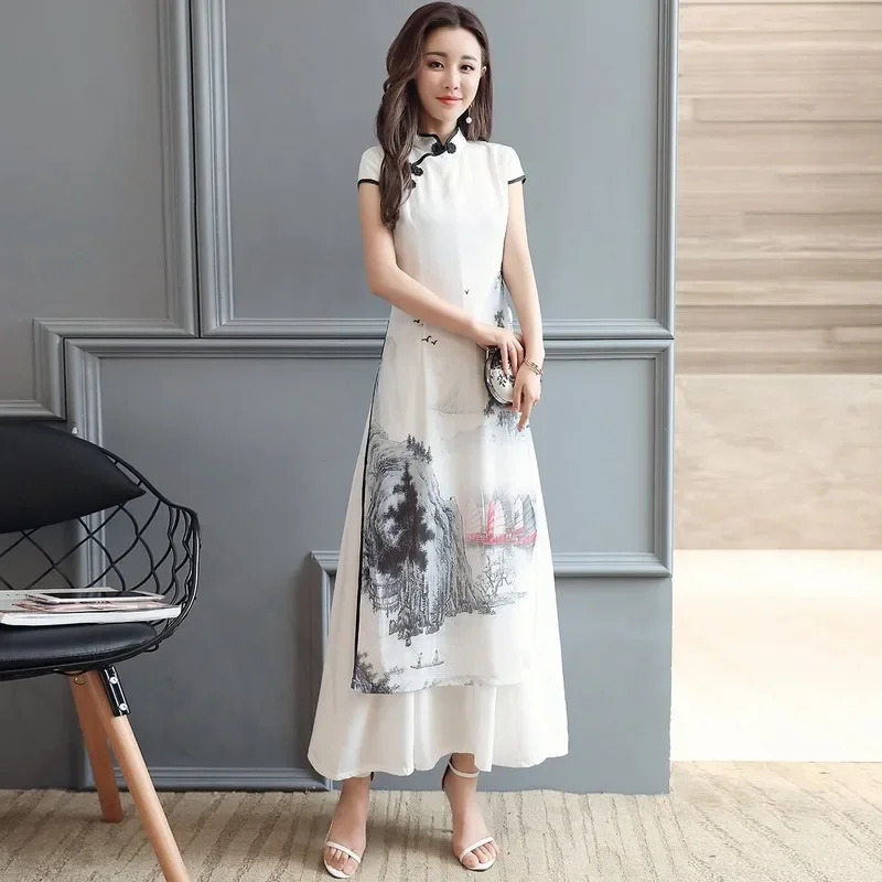 

Women White Cheongsam Dresses China Traditional Elegant Robe Orientale Clothing Chinese Style Vintage Hanfu Long Qipao Tang Suit