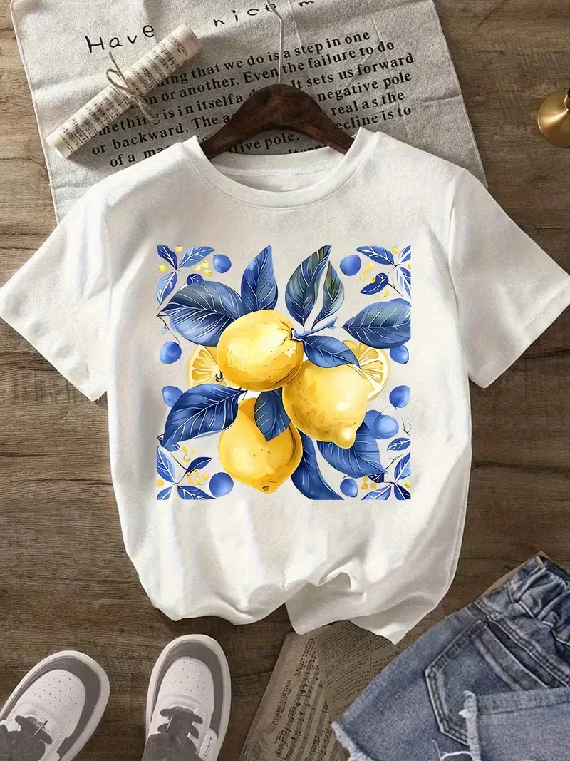 Amalfi Lemon Citrus Print T-Shirt mit mediterraner Fliesen-Grafik, kurzärmelig, für Damen, lässig, locker, Streetwear, Alltagskleidung