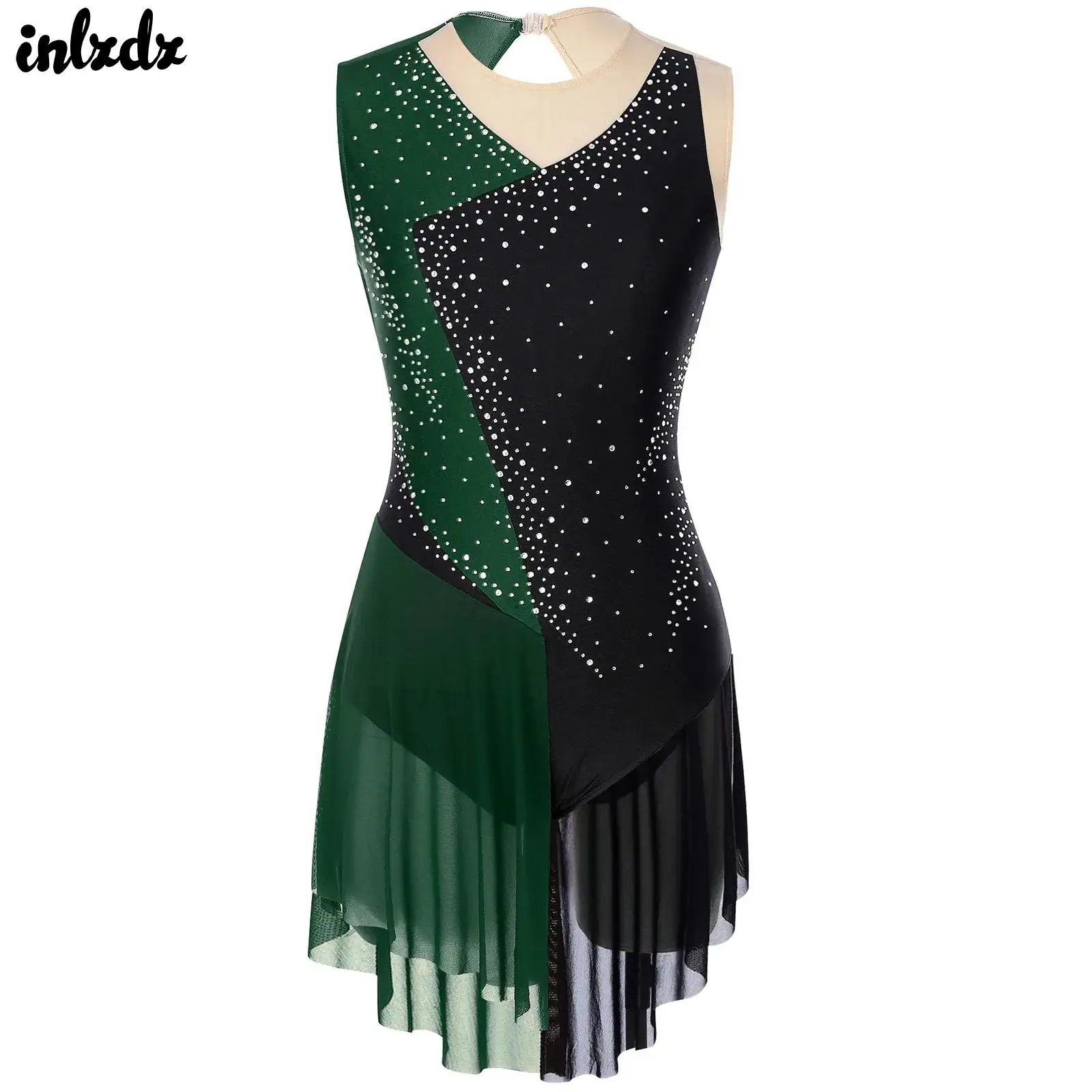 Figure Skating Dress - Women & Girls Sparkly Rhinestone Sleeveless Open  Back Bodysuit For Competition & Show