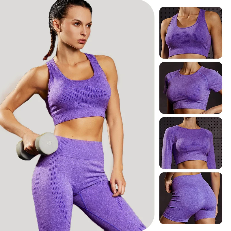 

2023 Seamless Gym Set Long Sleeve Top Women Shorts Yoga Set Sport Bra Fitness Leggings Workout Outfits 2/3/5Pcs Tracksuit Female