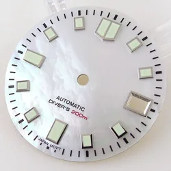 29mm Black & White Mother of Pearl Watch Dial with Date Window and Green Luminous Features (White)