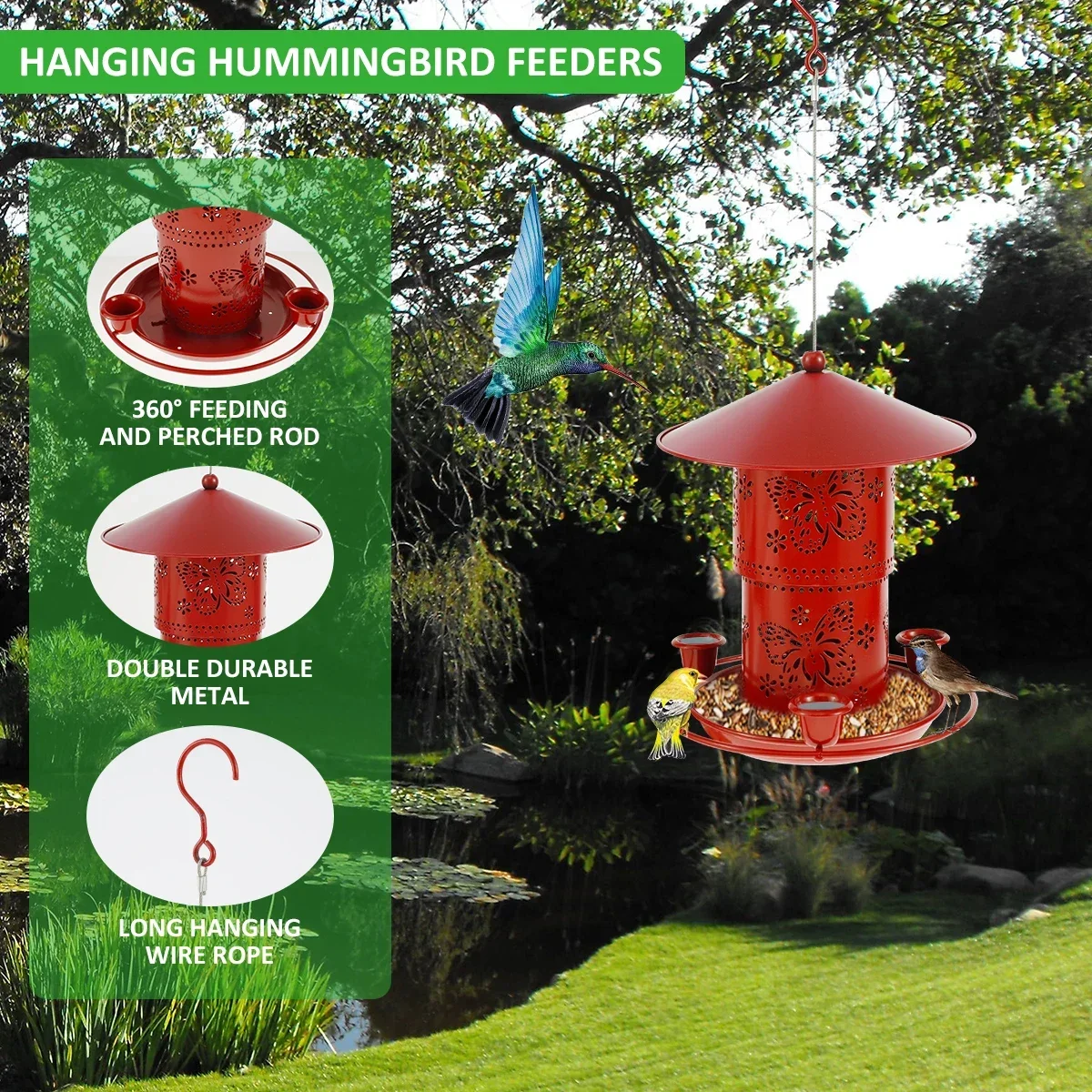 Metal Bird Feeder 32oz Adjustable Hummingbird Feeder with 3 Water Cups and S Hook Weather-Resistant Outdoor Hanging Wild Bird