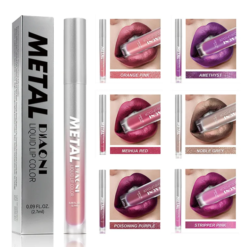 6-Farben-Diamant-Metallic-Glanz-Flüssiglippenstift, perlmuttartig, wasserfest, glitzernd, wischfest, glamouröses Lippen-Make-up_voghion.com