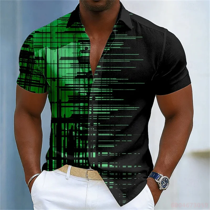 Men's color-blocked abstract striped short-sleeved shirt, summer fashion casual men's shirt, Hawaiian shirt, sizes XS-6XL.