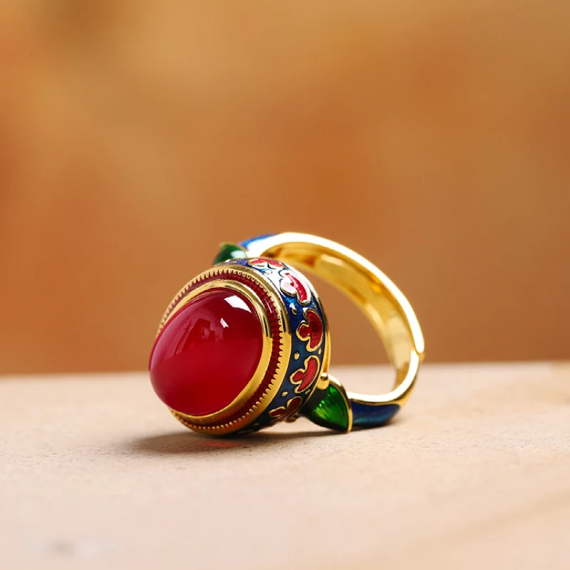 Original ancient gold craftsmanship natural carnelian rings for women flower enamel national style light luxury Wedding jewelry wedding rings golden ring gold rings