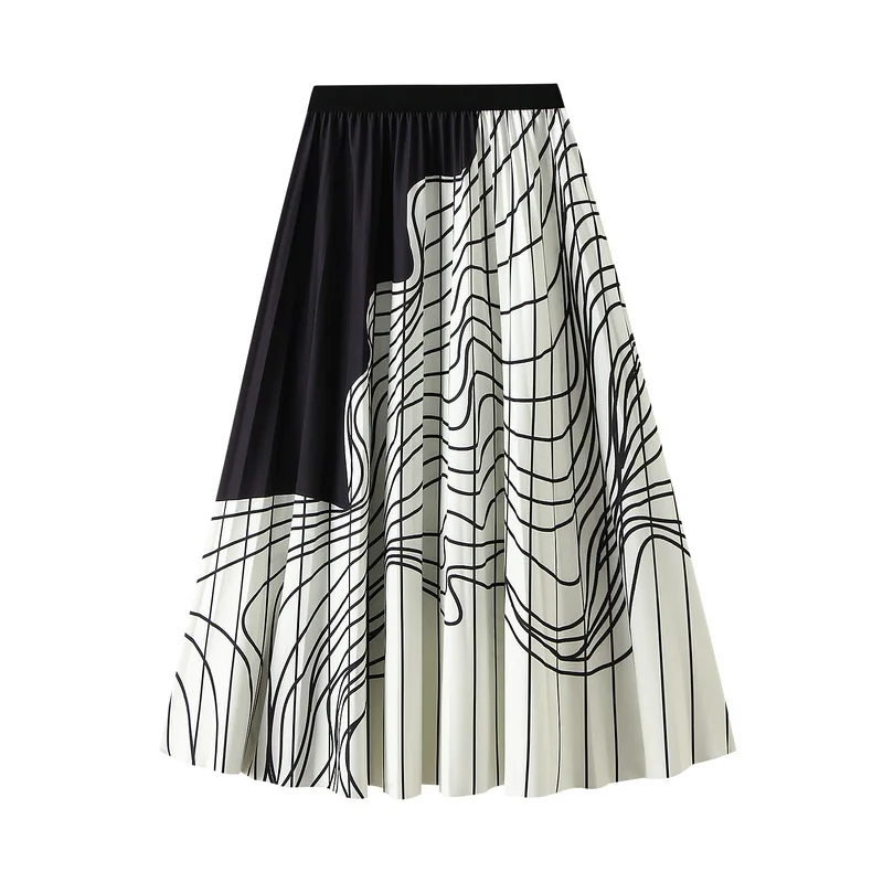 

Spring Summer Mid-Length Pleated Skirt Women Design Black and White Contrast Color Irregular Striped Slim Retro Long Skirt Woman