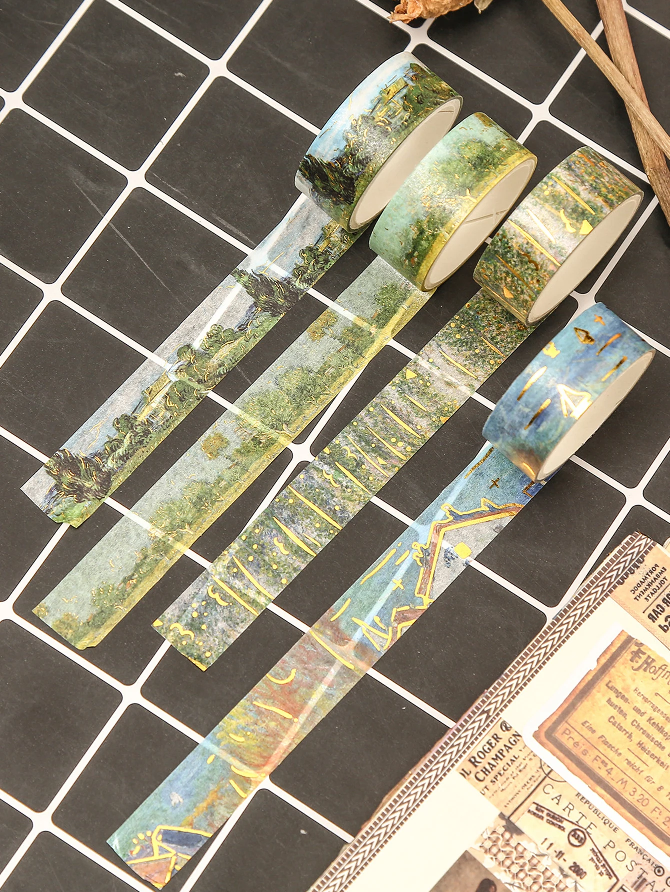 20롤/박스 예술적인 금박 와시 테이프 그린 미적 장식 테이프 스크랩북킹 저널 DIY 플래너 공예 용품