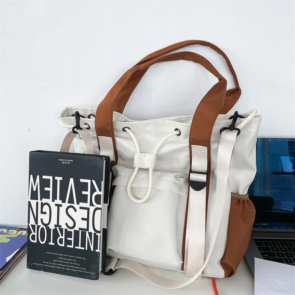 Splash-proof Nylon Fabric Shoulder Crossbody Bags For Women Multi-pocket Drawstring Tote Bag Large Capacity Student Book Handbag