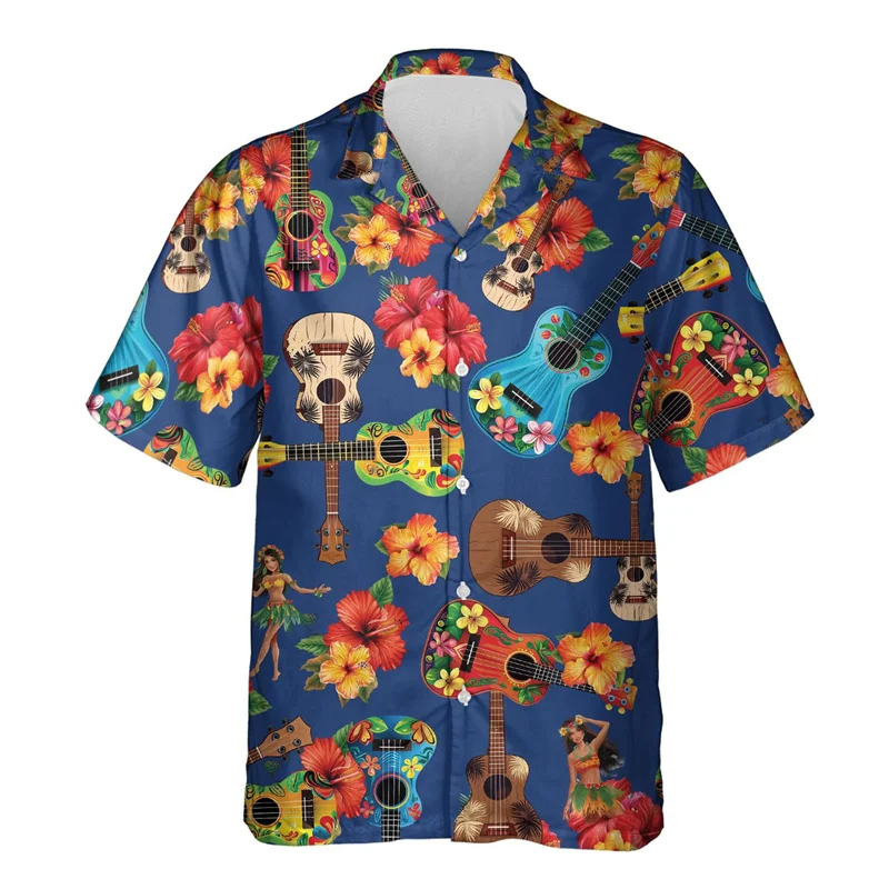 thumbnail image 1 of Camisa hawaiana con estampado 3D de ukelele para hombre, camisas hawaianas con patrón de instrumento musical, blusas holgadas de verano, blusas con solapa de calle, 1 of 4