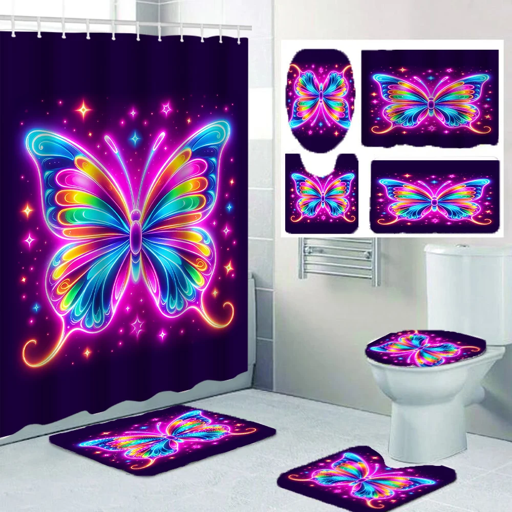 1/4 Colorful Butterfly shower Curtains, Toilet Seat Decoration, Shower Curtain with Carpet and Toilet Lid, 12 70.8x70.8 inch Hoo