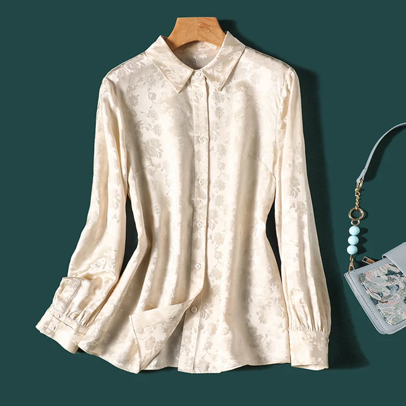 

Новое поступление женские жаккардовые рубашки шелковые блузки для элегантных стильных женских топов на пуговицах с изящным дизайном blusa mujer