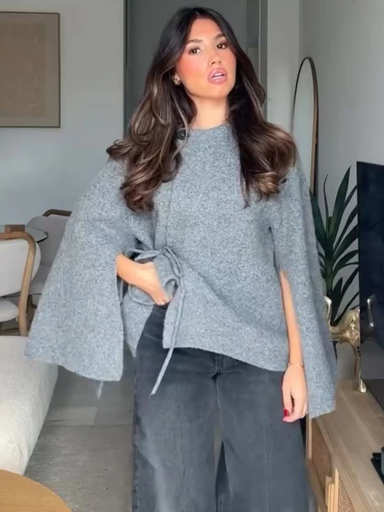 2025 Autumn Women Solid Round Neck Lace Up Sweaters Cardigan Winter Chic Split Long Sleeve Knit Casual Loose Warm Outerwear