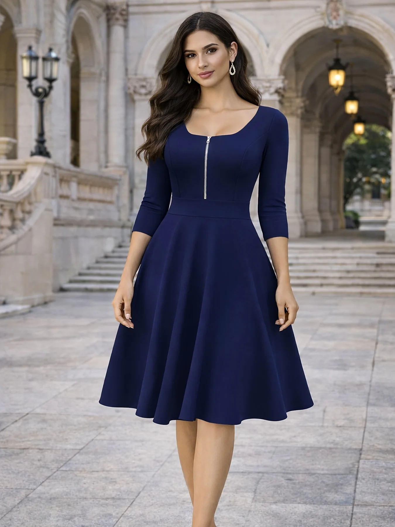 Elegantes Damenkleid mit Quadratischem Ausschnitt und 3/4-Ärmeln für Herbst, Arbeit und Party, Einfarbig mit Reißverschluss Vorne, Business-Casual Swing A-Linien-Kleid