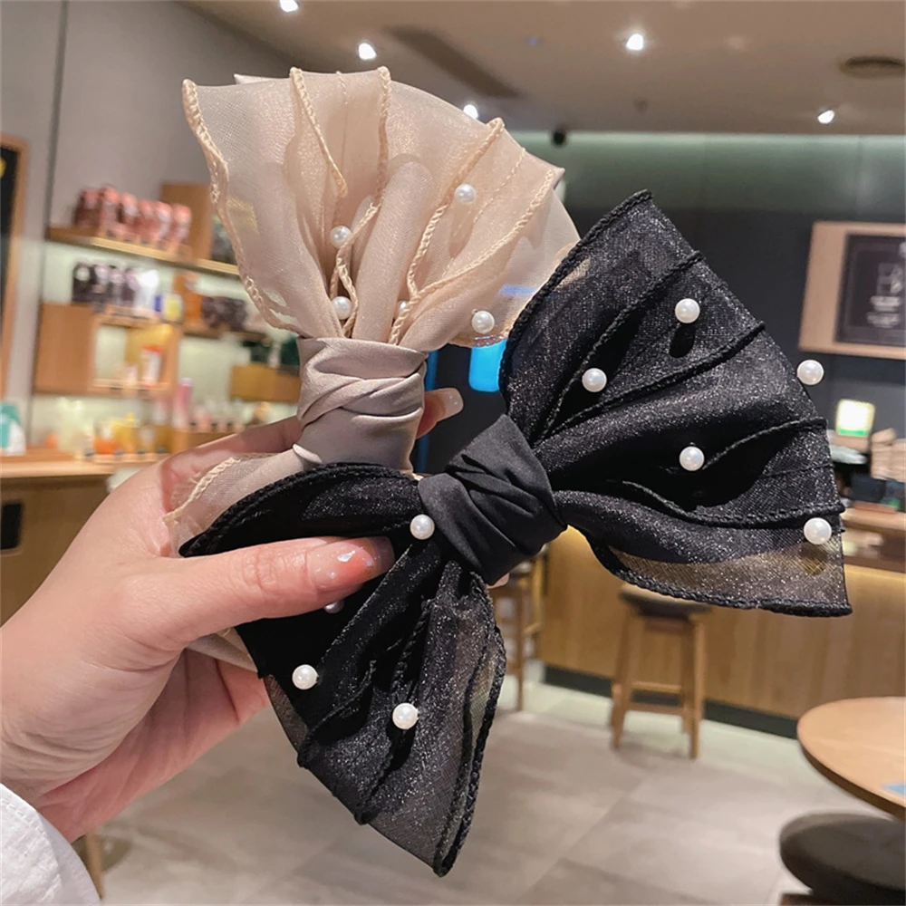 

Organza Nail Bead Double Bow Spring Hairpin Elegant Women Ponytail Hair Tie Fragmented Hair Headband Hair Accessories For Girls