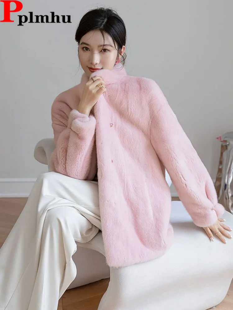 

Pink Faux Mink Fur Jacket Elegant New In Outerwears Korean Trend Plush Casacos Winter Thicken Lined Chaqueta Casual Warm Coat