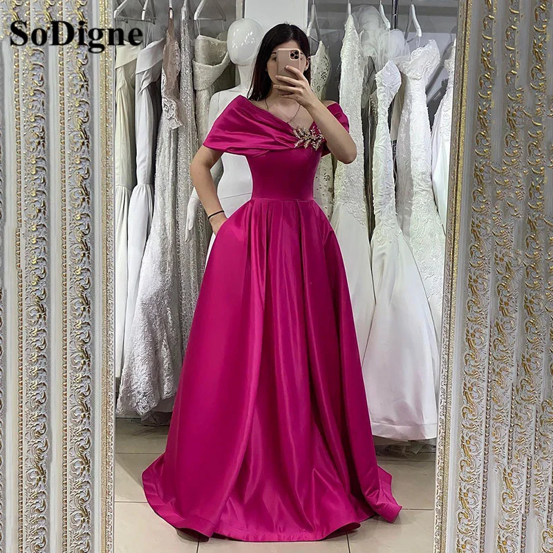 

SoDigne A Line Satin Arabia Women Evening Gowns With Packet Pleats Beaded Dubai Pageant Prom Dresses Formal Party Gowns