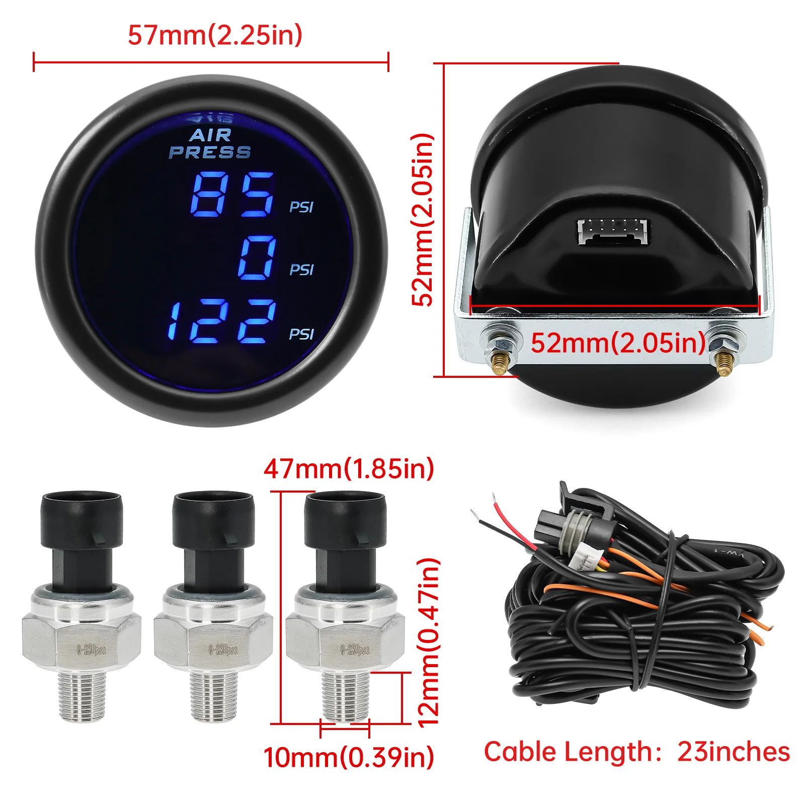 52mm Dual Air Suspension Manometer Fahr druck psi blau Luftdruck manometer mit 2 stücke 1/8 npt Sensor – Detail 10